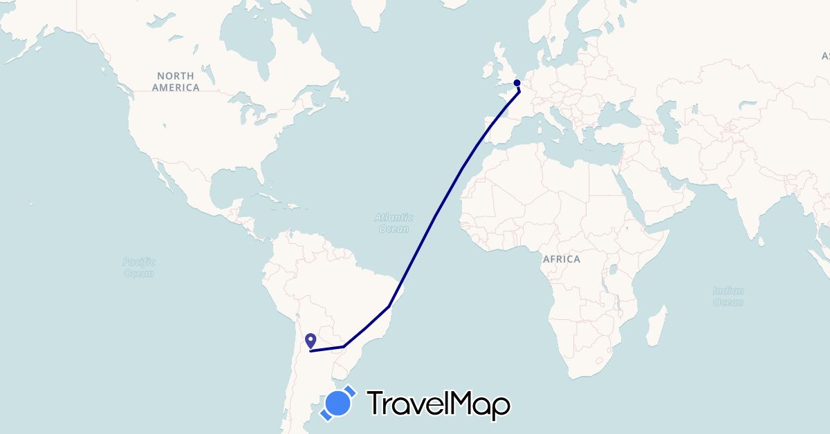 TravelMap itinerary: driving in Argentina, Brazil, France (Europe, South America)
